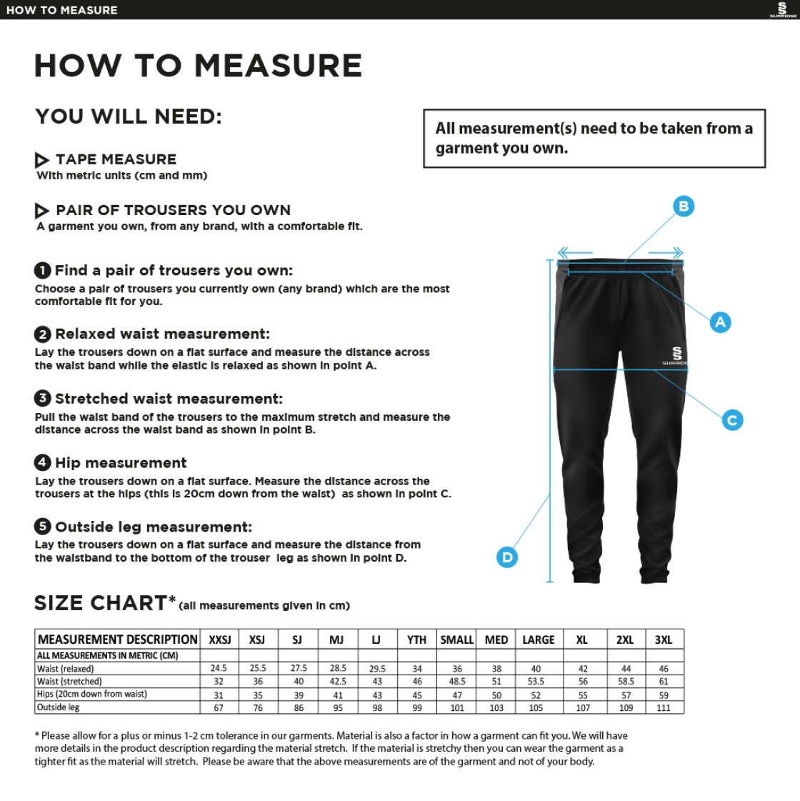 Golborne Hockey Club Tek Slim Pant Black - Size Guide