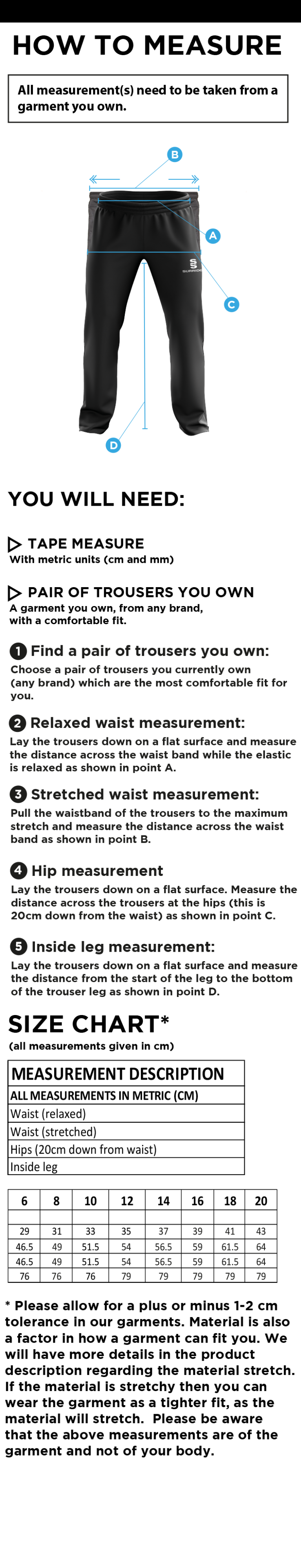 Golborne Hockey Club Women's Ripstop Track PantS - Size Guide