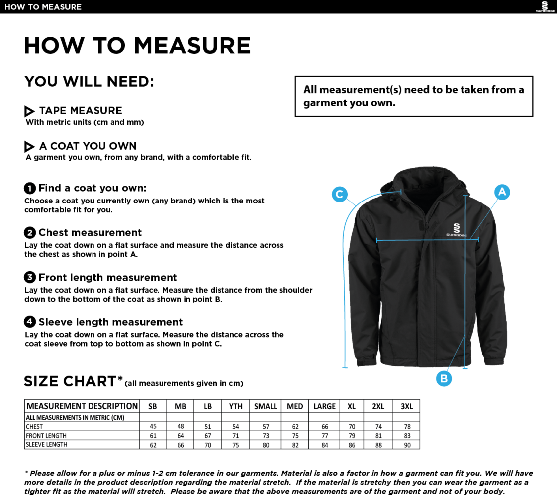 Golborne Hockey Club Youth's Dual Fleece Lined Jacket - Size Guide