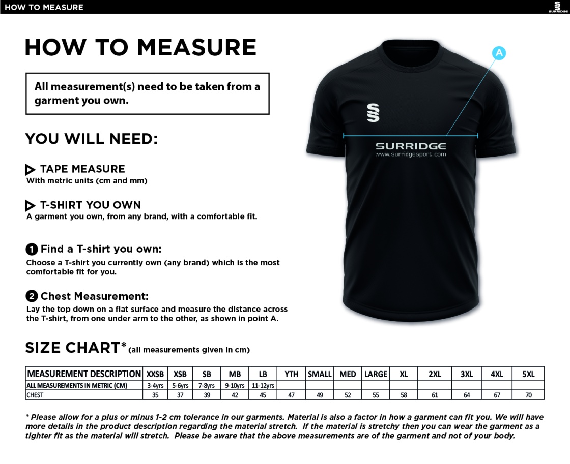 Golborne Hockey Club Youth's Dual Gym T-shirt - Size Guide