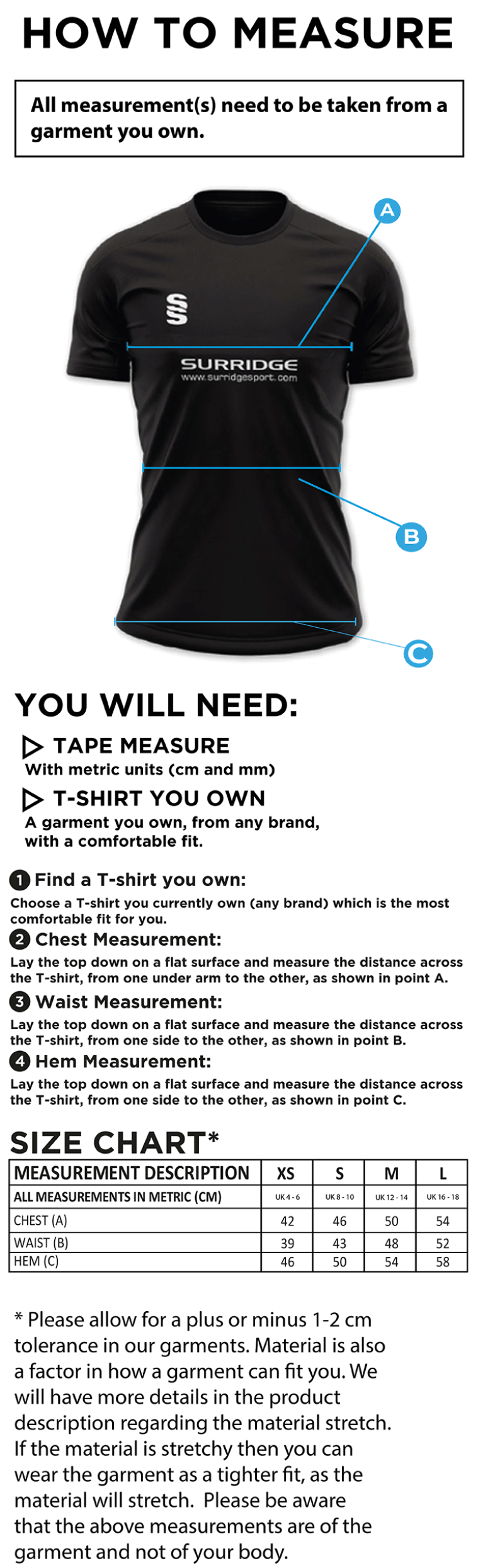 Golborne Hockey Club Women's Games Shirt - Size Guide