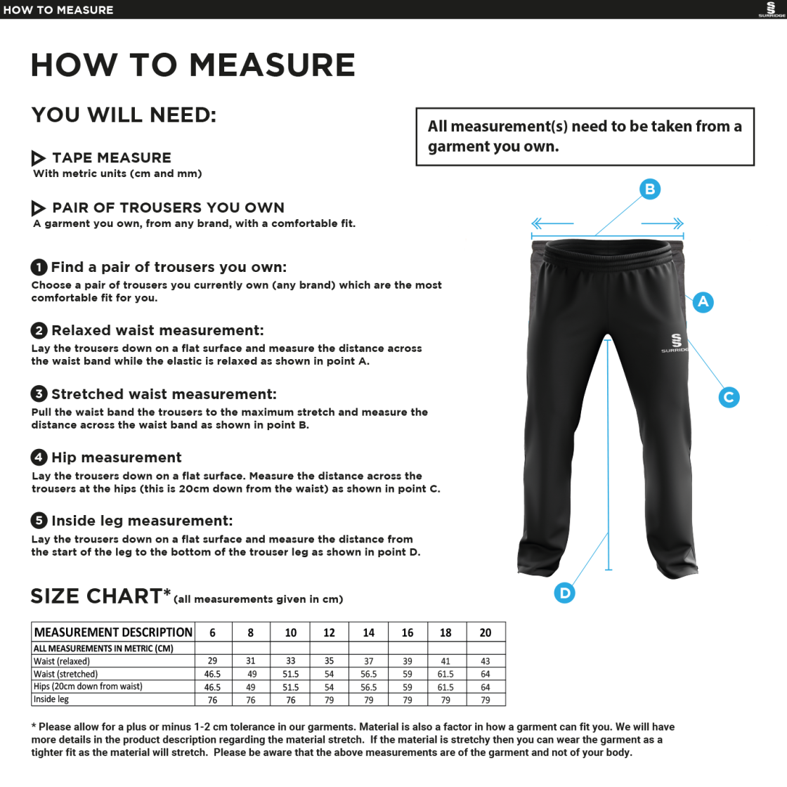 Golborne Hockey Club Women's Ripstop Track PantS - Size Guide