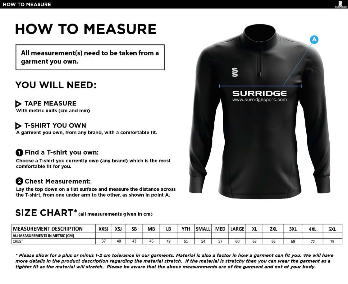 Golborne Hockey Club Women's 1/4 Zip Dual Performance Top - Size Guide