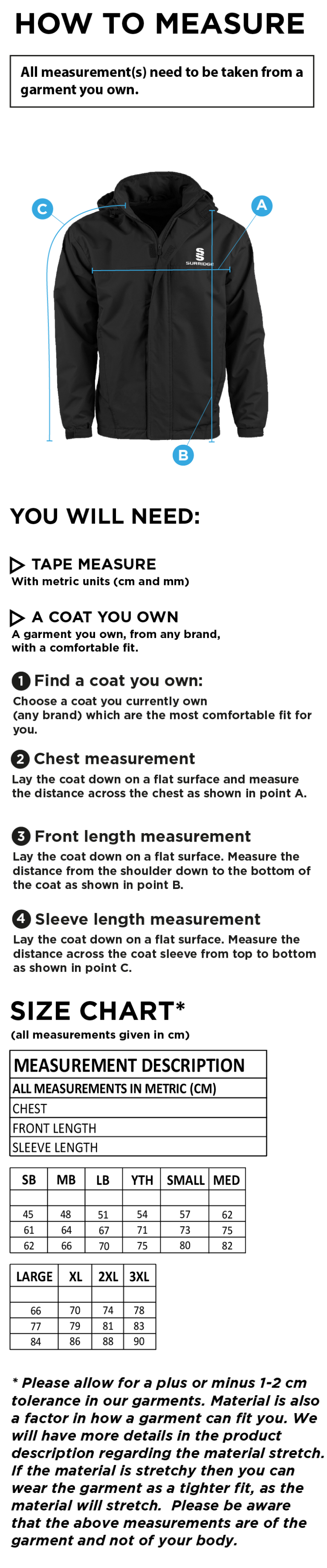 Golborne Hockey Club Women's Dual Fleece Lined Jacket - Size Guide