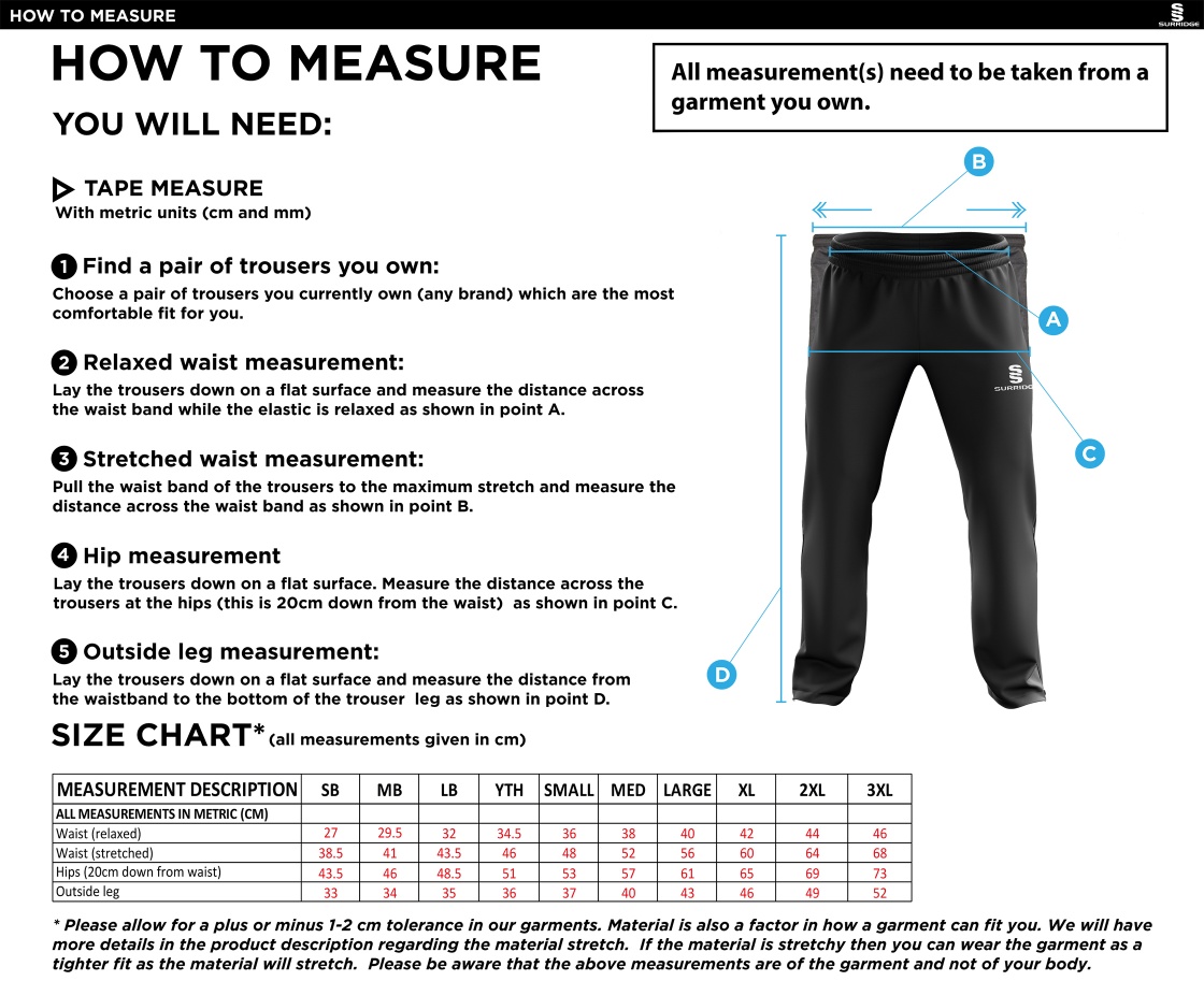 Golborne Hockey Club Youth's Rip Stop Track PantS - Size Guide