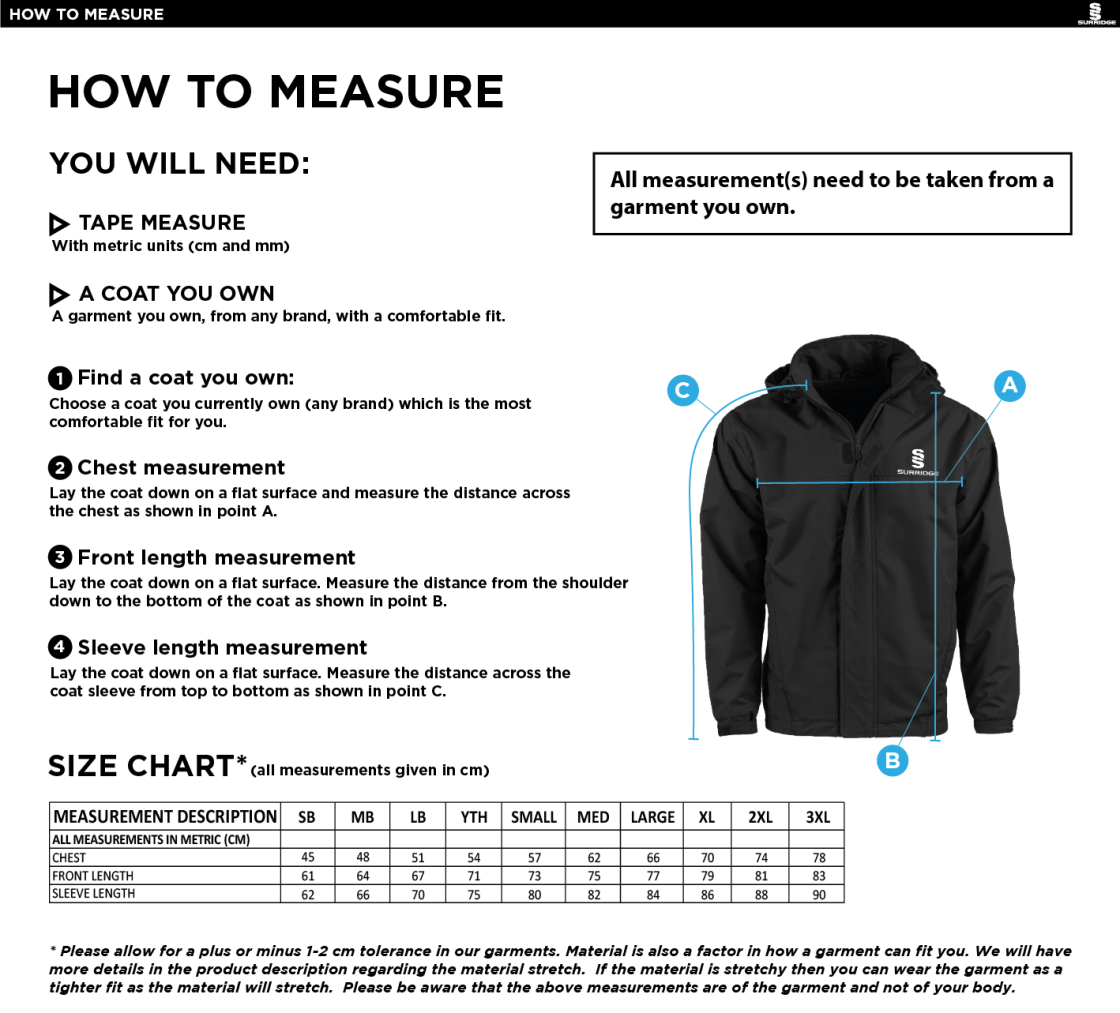 Golborne Hockey Club Women's Dual Fleece Lined Jacket - Size Guide