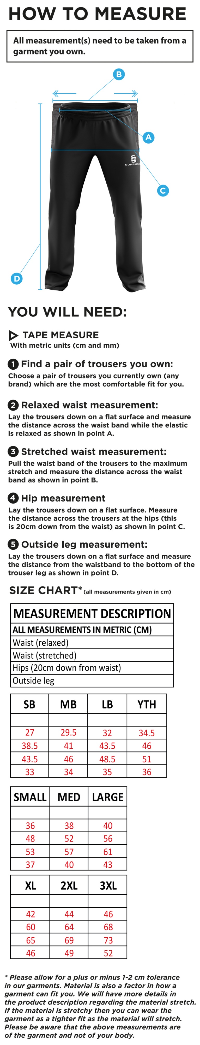 Golborne Hockey Club Youth's Rip Stop Track PantS - Size Guide