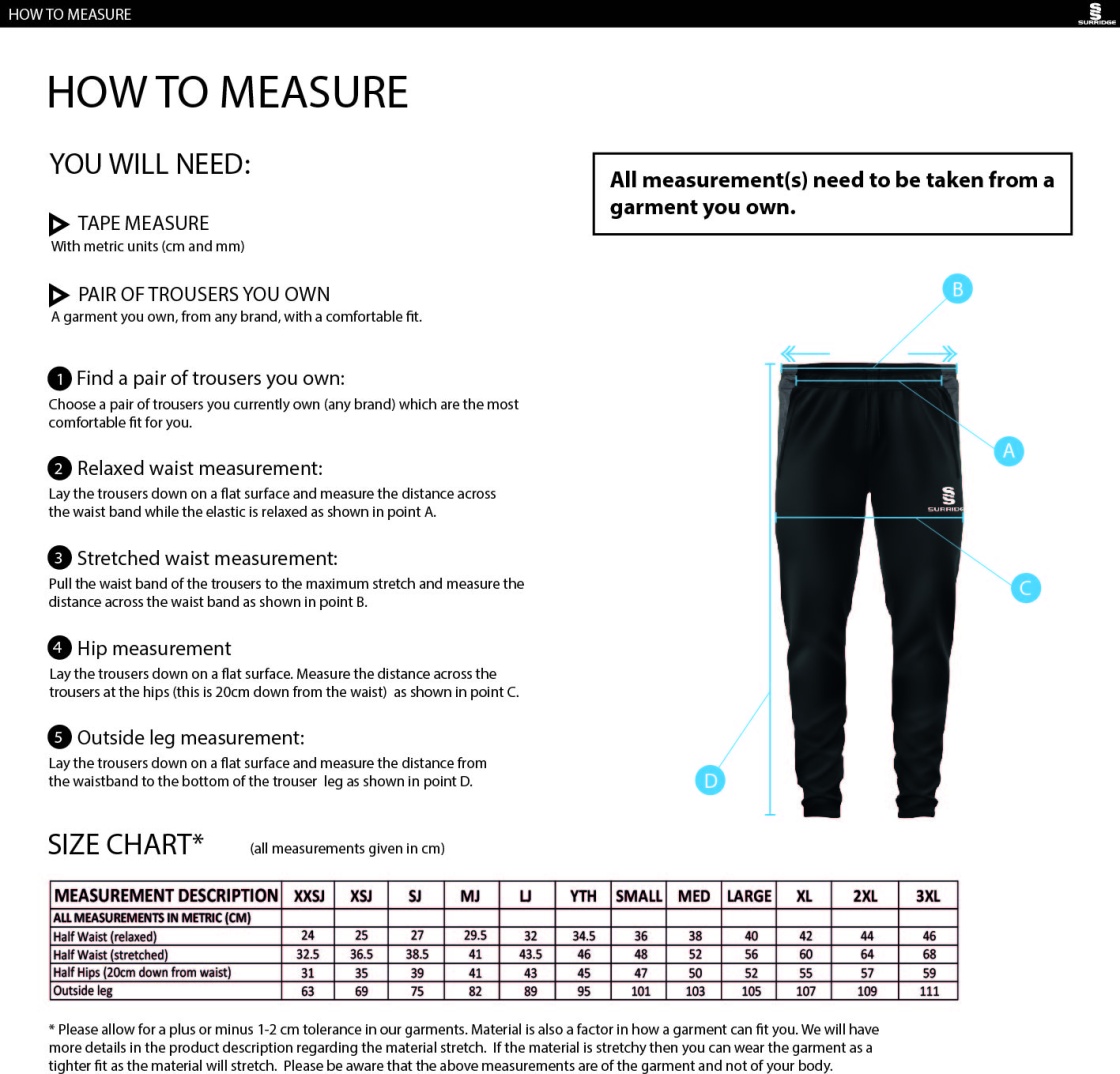 Golborne Hockey Club Tek Slim Pant Black - Size Guide