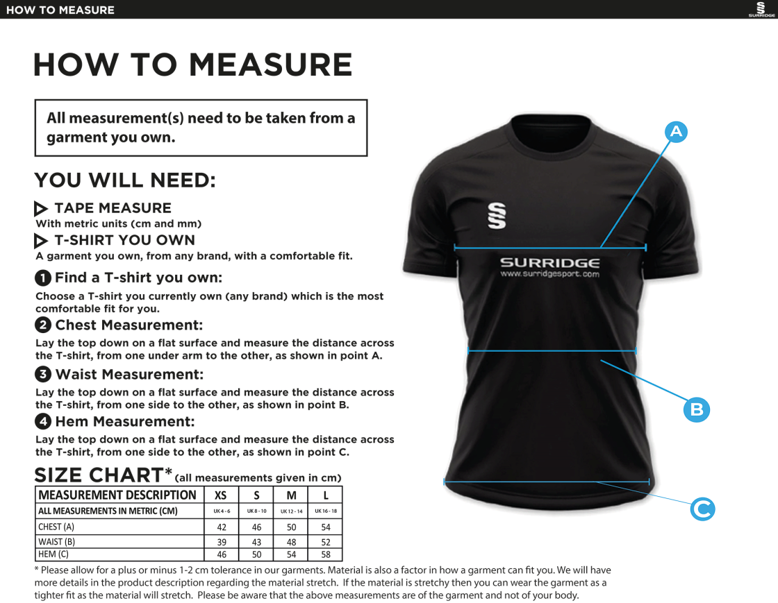Golborne Hockey Club Women's Games Shirt - Size Guide
