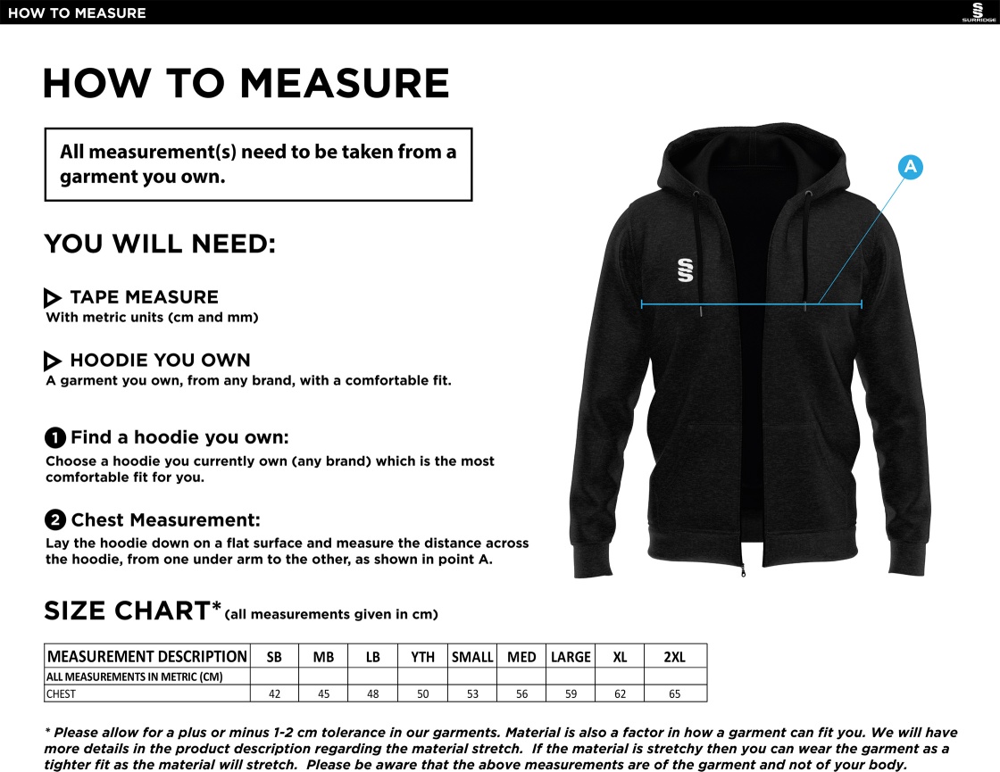 Golborne Hockey Club Youth's Dual Full Zip Hoody - Size Guide