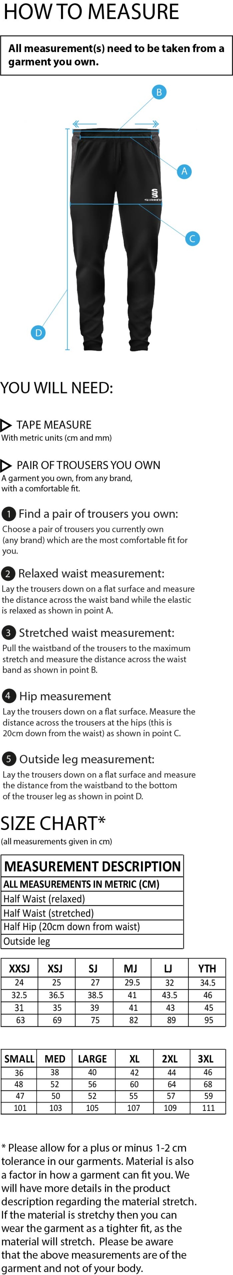 Golborne Hockey Club Tek Slim Pant Black - Size Guide