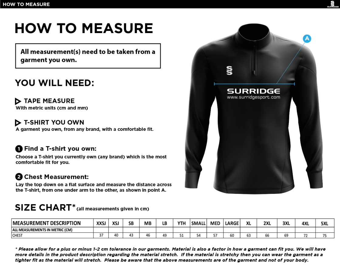 Golborne Hockey Club Youth's 1/4 Zip Dual Performance Top - Size Guide